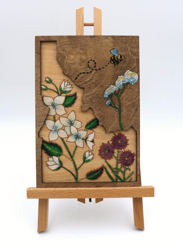 paint by numbers style kit showing Idaho state flower syringa 3D layered wood art by cinko designs owner amara cinko nelson