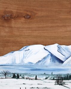 3D LAyered Wood Art Class in Emmett Idaho at Maggies on Main Street, Emmett Paint the Butte by Cinko Designs Four seasons winter snow ice icy blue and white acrylic paint