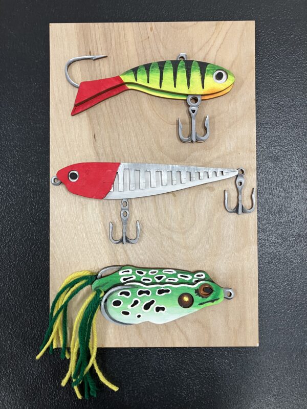 3D fishing lures layered wood paint class for kids in emmett idaho at Maggies on Main Street in Emmett Idaho