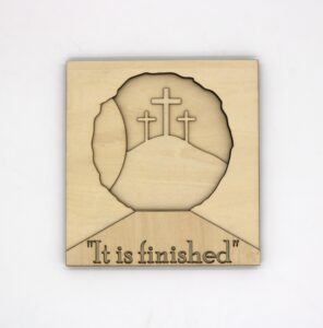 Emmett Idaho Easter 2026 with cinko designs and maggies on main. Kids paint class with layered wood canvas looking out of the empty tomb and up at the cross at Calvary. He is Risen! Praise the Lord. Jesus saves!